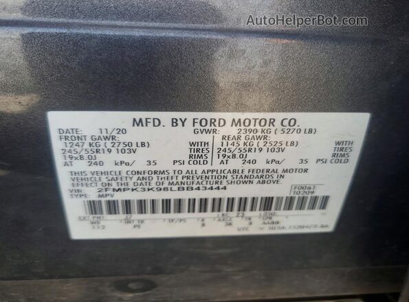 2FMPK3K98LBB43444 2020 FORD EDGE Серый Вид наклейки с VIN-кодом