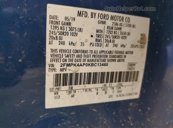 2FMPK4AP0KBC13460 2019 FORD EDGE Blue Vista de la etiqueta del VIN