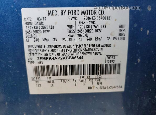 2FMPK4AP2KBB86844 2019 FORD EDGE Blue VIN კოდის სტიკერის ხედი