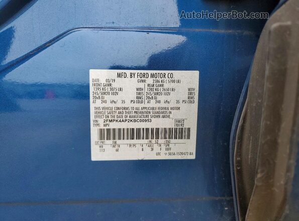 2FMPK4AP2KBC00953 2019 FORD EDGE Blue Панорамний вид салону 360°