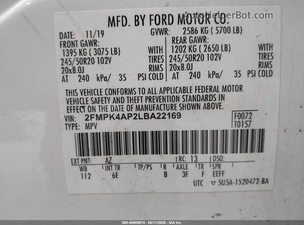 2FMPK4AP2LBA22169 2020 FORD EDGE White Engine compartment view