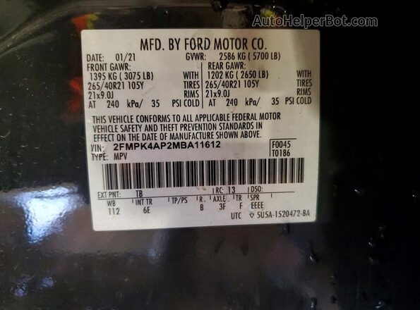 2FMPK4AP2MBA11612 2021 FORD EDGE Gray Вид наклейки з VIN-кодом