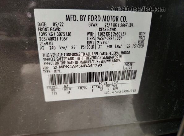 2FMPK4AP5NBA61793 2022 FORD EDGE Серый Вид наклейки с VIN-кодом