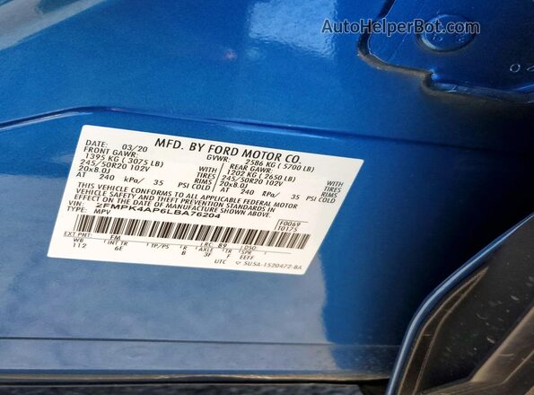 2FMPK4AP6LBA76204 2020 FORD EDGE Blue VIN sticker view
