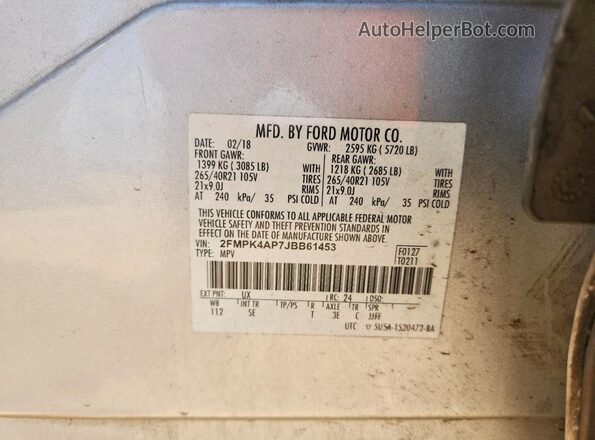 2FMPK4AP7JBB61453 2018 FORD EDGE Silver Vista de la etiqueta del VIN