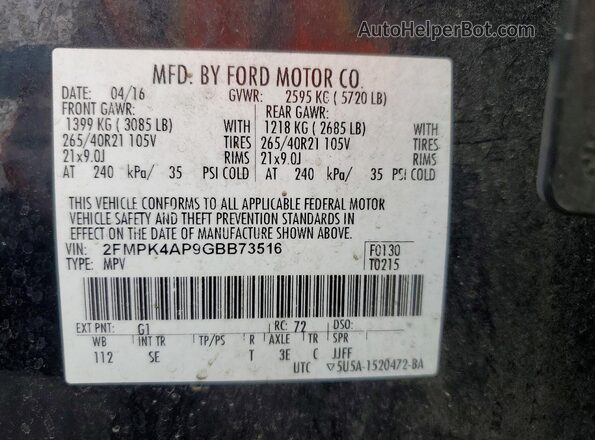 2FMPK4AP9GBB73516 2016 FORD EDGE Черный Панорамный вид салона 360°