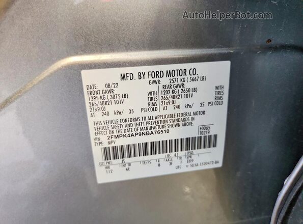 2FMPK4AP9NBA76510 2022 FORD EDGE Серебряный Панорамный вид салона 360°