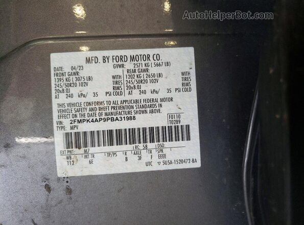 2FMPK4AP9PBA31988 2023 FORD EDGE Gray Вид наклейки з VIN-кодом