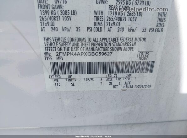 2FMPK4APXGBC59627 2016 FORD EDGE White Vista del compartimento del motor