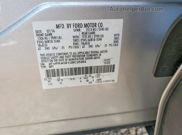 2FMPK4G91GBC25262 2016 FORD EDGE Silver Vista de la etiqueta del VIN