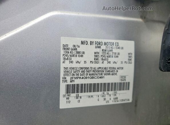 2FMPK4G91GBC33491 2016 FORD EDGE Silver VIN sticker view