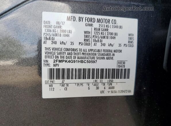 2FMPK4G91HBC50597 2017 FORD EDGE Серый Вид наклейки с VIN-кодом