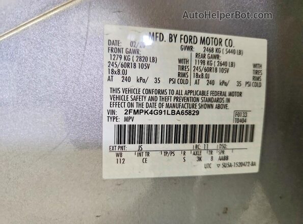 2FMPK4G91LBA65829 2020 FORD EDGE Silver Widok naklejki z numerem VIN