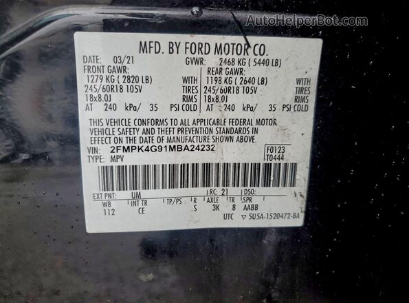 2FMPK4G91MBA24232 2021 FORD EDGE Black Widok naklejki z numerem VIN