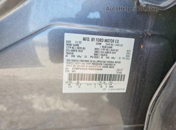2FMPK4G91NBB09640 2022 FORD EDGE Gray VIN sticker view