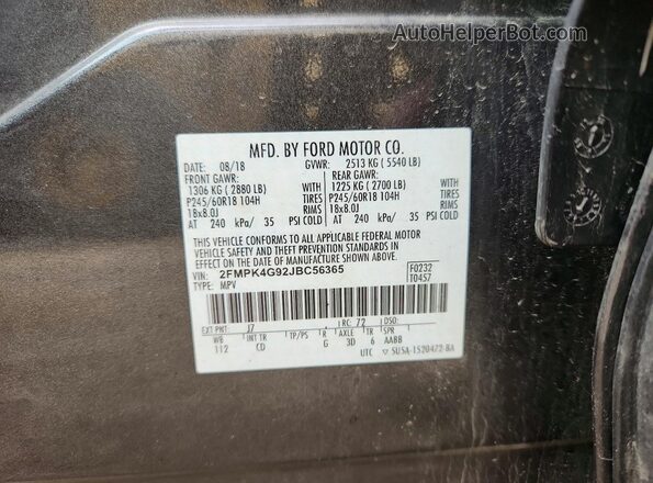 2FMPK4G92JBC56365 2018 FORD EDGE Gray Widok naklejki z numerem VIN