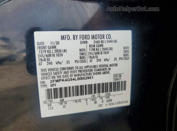 2FMPK4G94LBB62961 2020 FORD EDGE Черный Вид наклейки с VIN-кодом