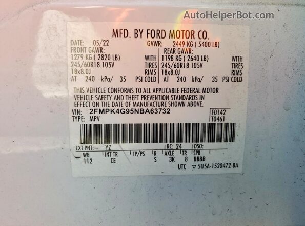 2FMPK4G95NBA63732 2022 FORD EDGE Белый Вид наклейки с VIN-кодом