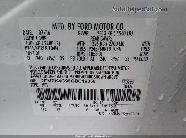 2FMPK4G96GBC19358 2016 FORD EDGE White Вид підкапотного простору