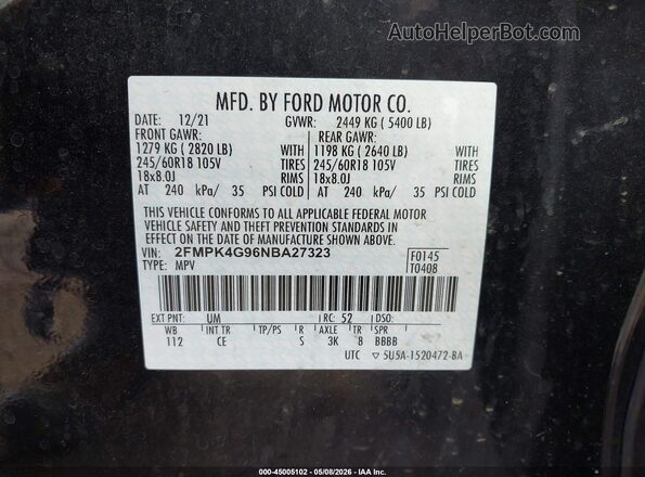 2FMPK4G96NBA27323 2022 FORD EDGE Black Widok komory silnika