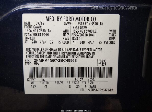 2FMPK4G97GBC49968 2016 FORD EDGE Синий Вид подкапотного пространства