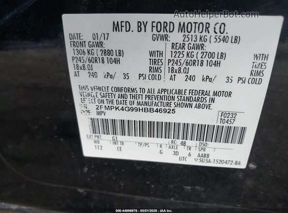 2FMPK4G99HBB46925 2017 FORD EDGE Черный Вид подкапотного пространства