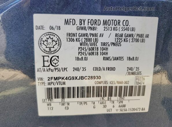 2FMPK4G9XJBC28930 2018 FORD EDGE Blue Widok naklejki z numerem VIN