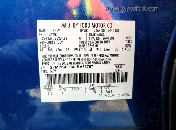 2FMPK4G9XLBA33767 2020 FORD EDGE Синий Вид наклейки с VIN-кодом