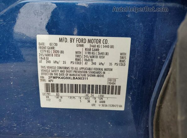 2FMPK4G9XLBA90311 2020 FORD EDGE Синий Вид наклейки с VIN-кодом