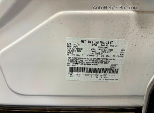 2FMPK4G9XRBA83092 2024 FORD EDGE White Вид задніх сидінь