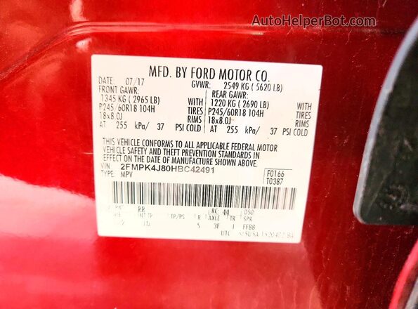 2FMPK4J80HBC42491 2017 FORD EDGE Красный Панорамный вид салона 360°