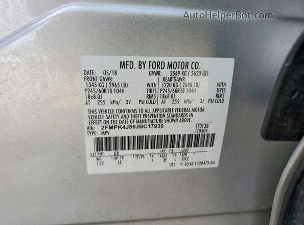 2FMPK4J86JBC17939 2018 FORD EDGE Silver სალონის 360-გრადუსიანი ხედი