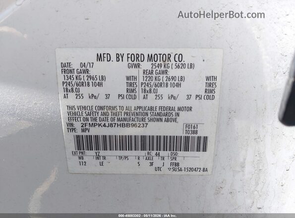 2FMPK4J87HBB96237 2017 FORD EDGE White Vista del compartimento del motor