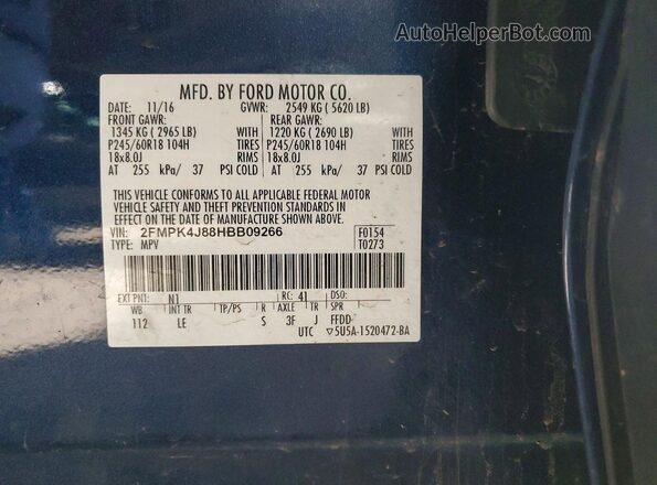 2FMPK4J88HBB09266 2017 FORD EDGE Синий Панорамный вид салона 360°