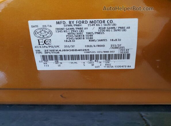 2FMPK4J89GBB40265 2016 FORD EDGE Оранжевый Панорамный вид салона 360°