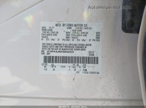 2FMPK4J89HBB42020 2017 FORD EDGE Белый Вид подкапотного пространства
