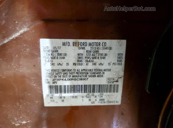 2FMPK4J90HBC06907 2017 FORD EDGE Оранжевый Вид наклейки с VIN-кодом