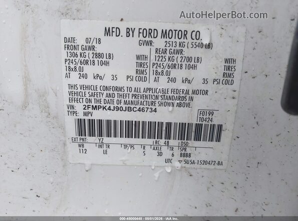 2FMPK4J90JBC46734 2018 FORD EDGE Белый Вид подкапотного пространства