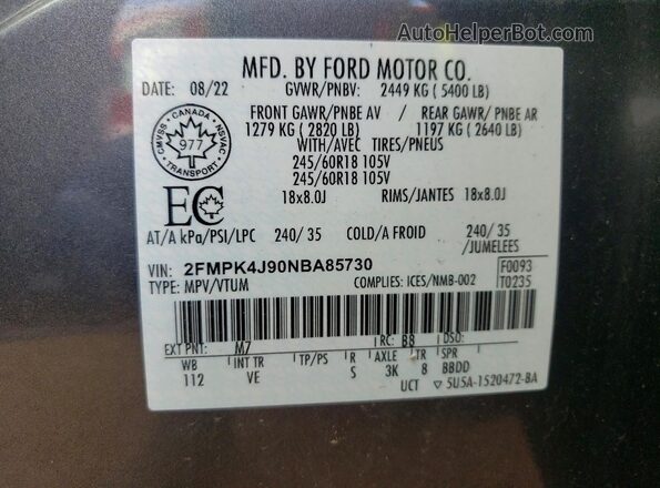 2FMPK4J90NBA85730 2022 FORD EDGE Серый Панорамный вид салона 360°