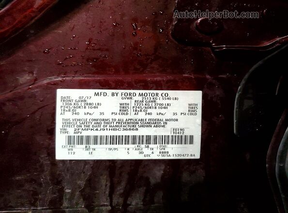 2FMPK4J91HBC36868 2017 FORD EDGE Burgundy Widok wnętrza 360 stopni