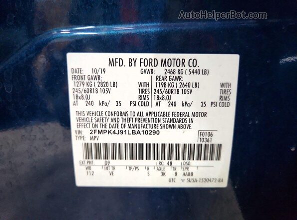 2FMPK4J91LBA10290 2020 FORD EDGE Синий Вид наклейки с VIN-кодом
