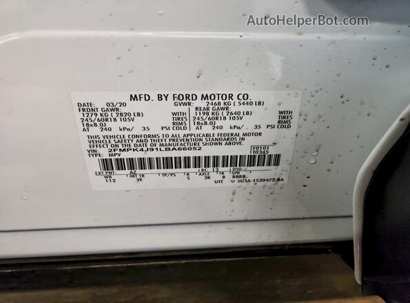 2FMPK4J91LBA66052 2020 FORD EDGE White VIN կոդի պիտակի տեսք