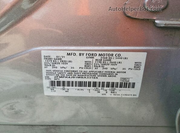 2FMPK4J91MBA33165 2021 FORD EDGE Серебряный Вид наклейки с VIN-кодом