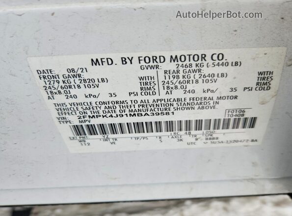 2FMPK4J91MBA39581 2021 FORD EDGE White Widok naklejki z numerem VIN