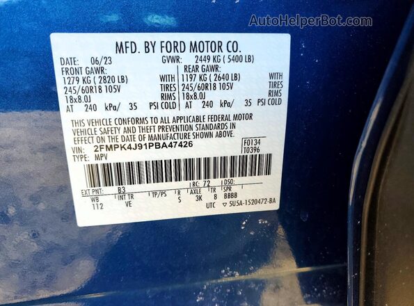 2FMPK4J91PBA47426 2023 FORD EDGE Blue VIN կոդի պիտակի տեսք