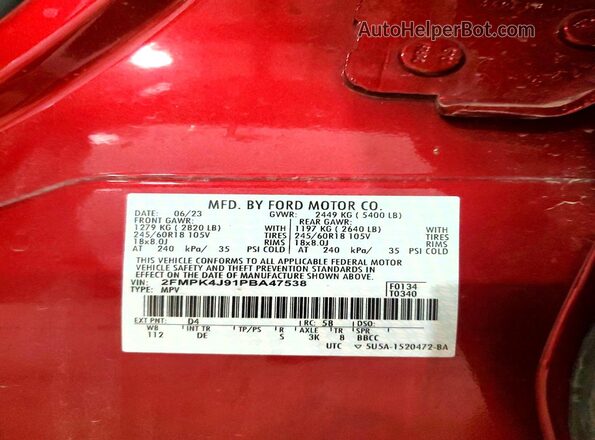 2FMPK4J91PBA47538 2023 FORD EDGE Red Widok naklejki z numerem VIN