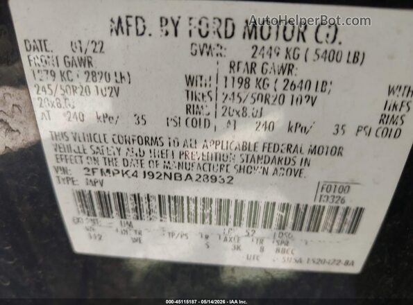 2FMPK4J92NBA28932 2022 FORD EDGE Черный Вид подкапотного пространства