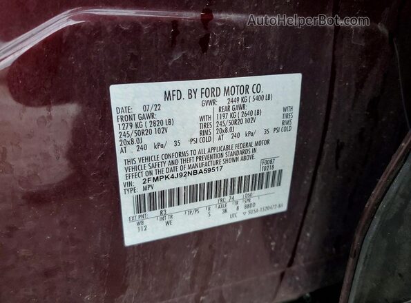 2FMPK4J92NBA59517 2022 FORD EDGE Burgundy Вид наклейки з VIN-кодом