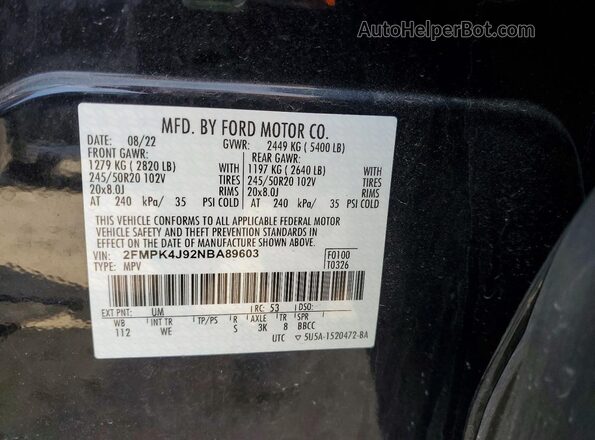 2FMPK4J92NBA89603 2022 FORD EDGE Серый Вид наклейки с VIN-кодом