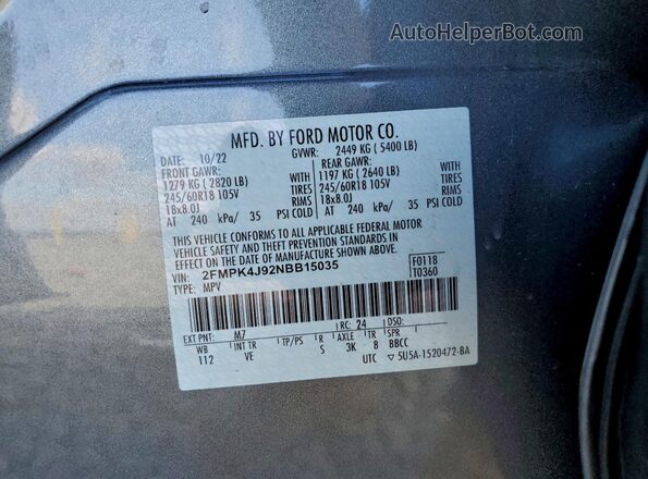 2FMPK4J92NBB15035 2022 FORD EDGE Серый Вид наклейки с VIN-кодом